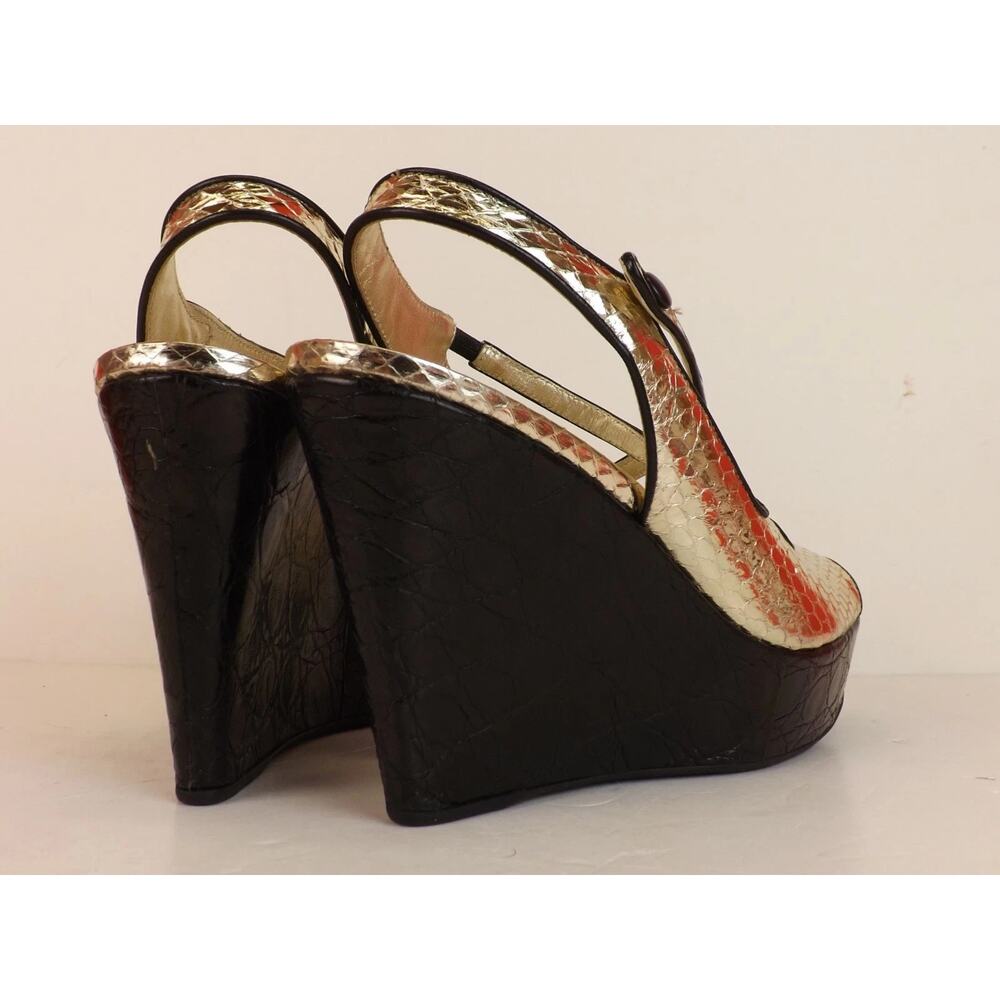 NIB PRADA 1K7394 LITE GOLD SNAKE PRINT LEATHER BLACK WEDGE PLATFORM SANDALS 40 - Picture 4 of 11